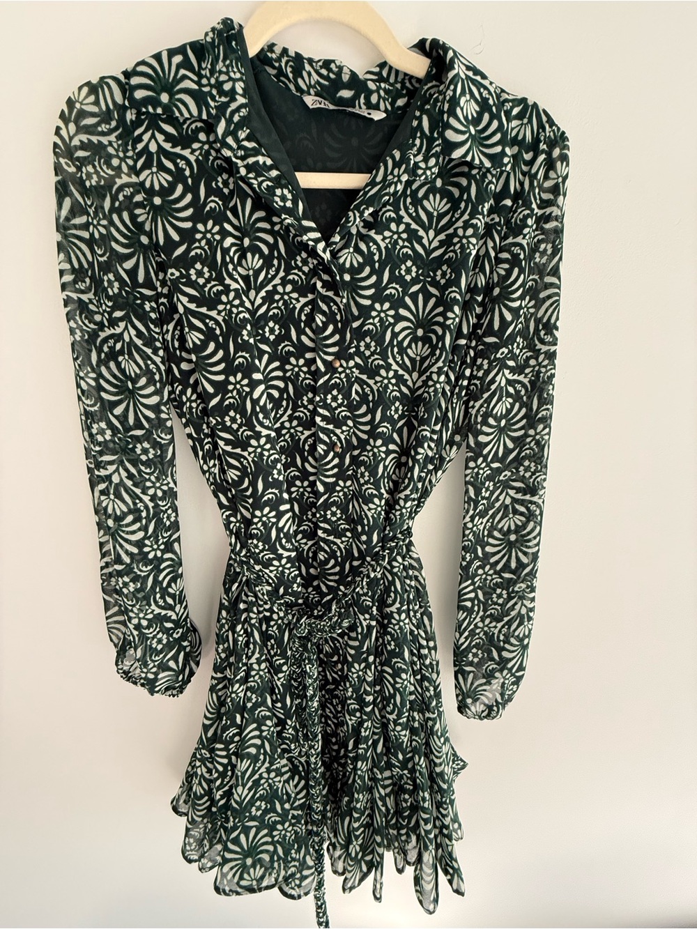 Zara Green Patterned Tie-Waist Dress